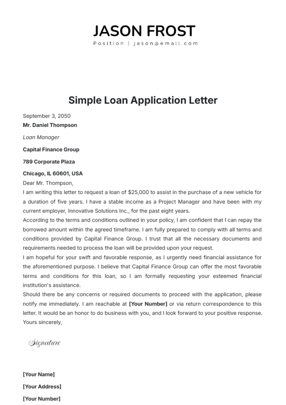 Free Simple Loan Application Letter Template to Edit Online