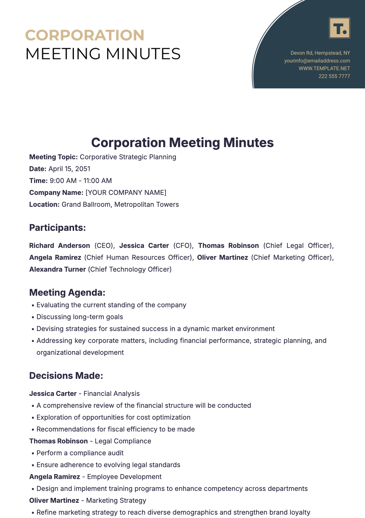 Corporation Meeting Minutes Format Template