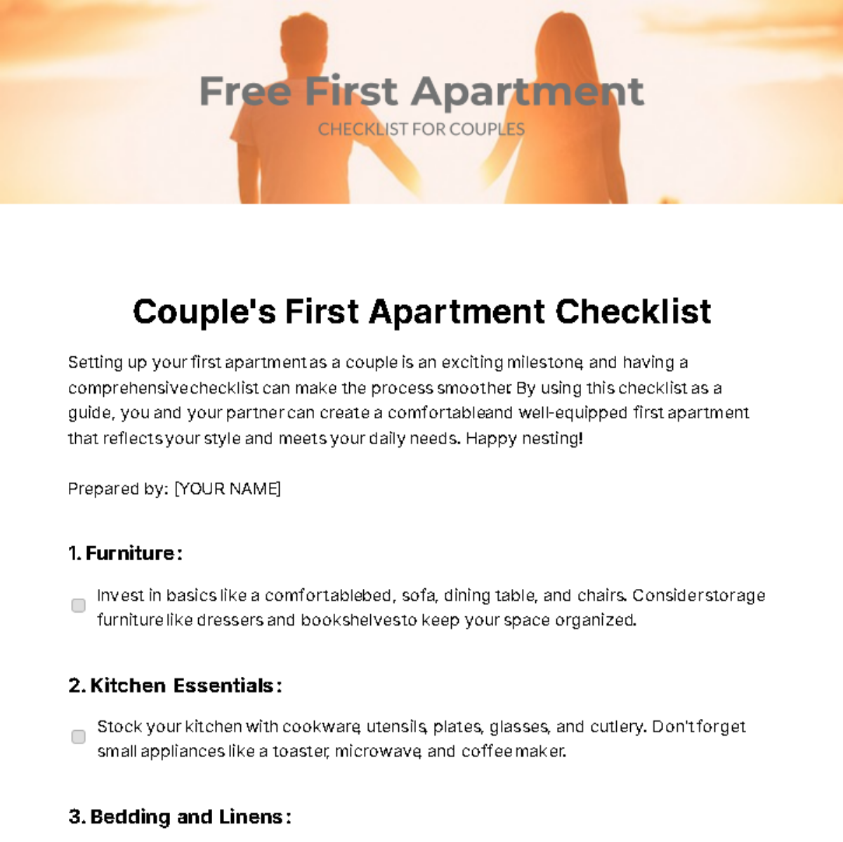 Free First Apartment Checklist For Couples Template