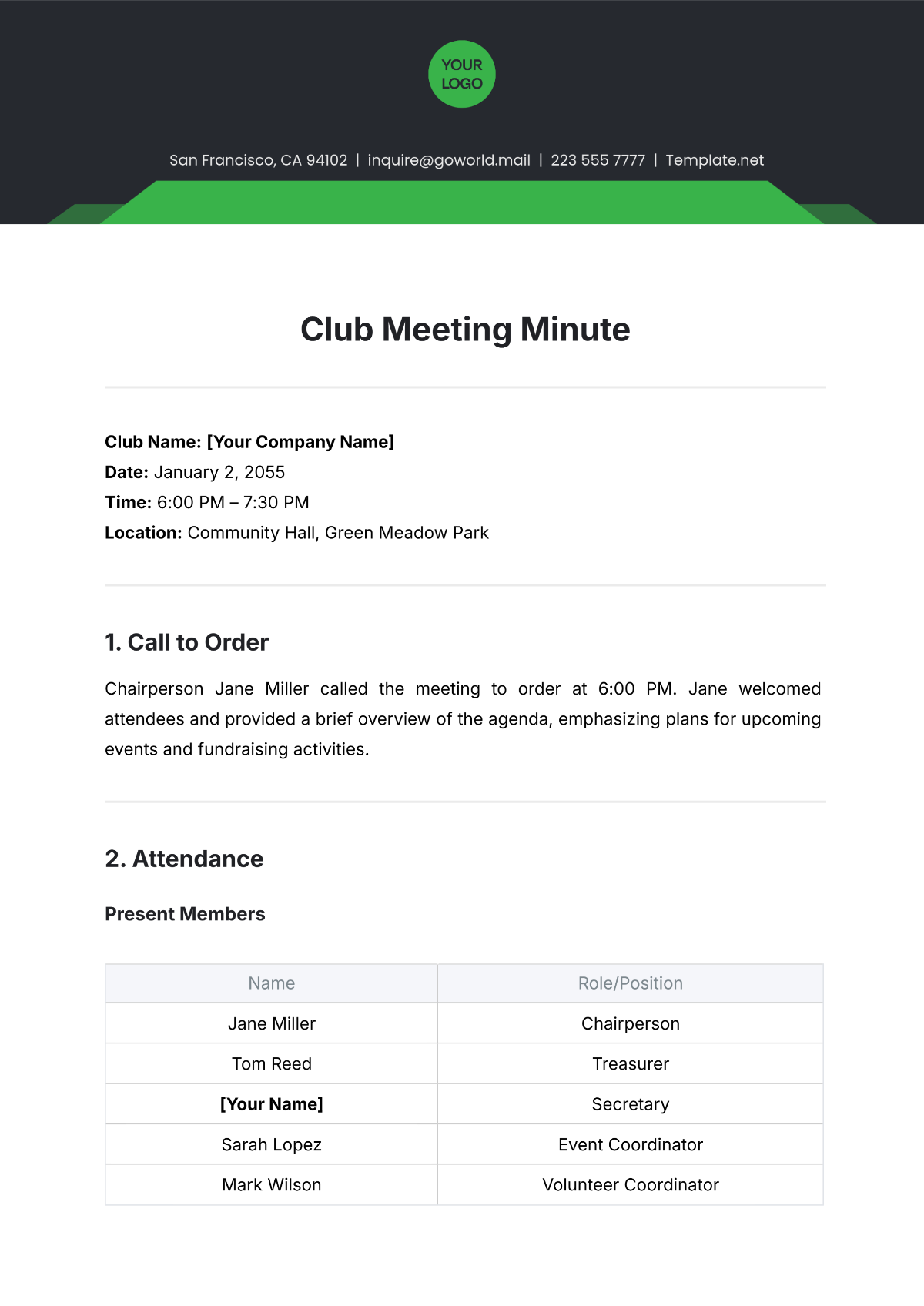 Free Club Meeting Minute Template