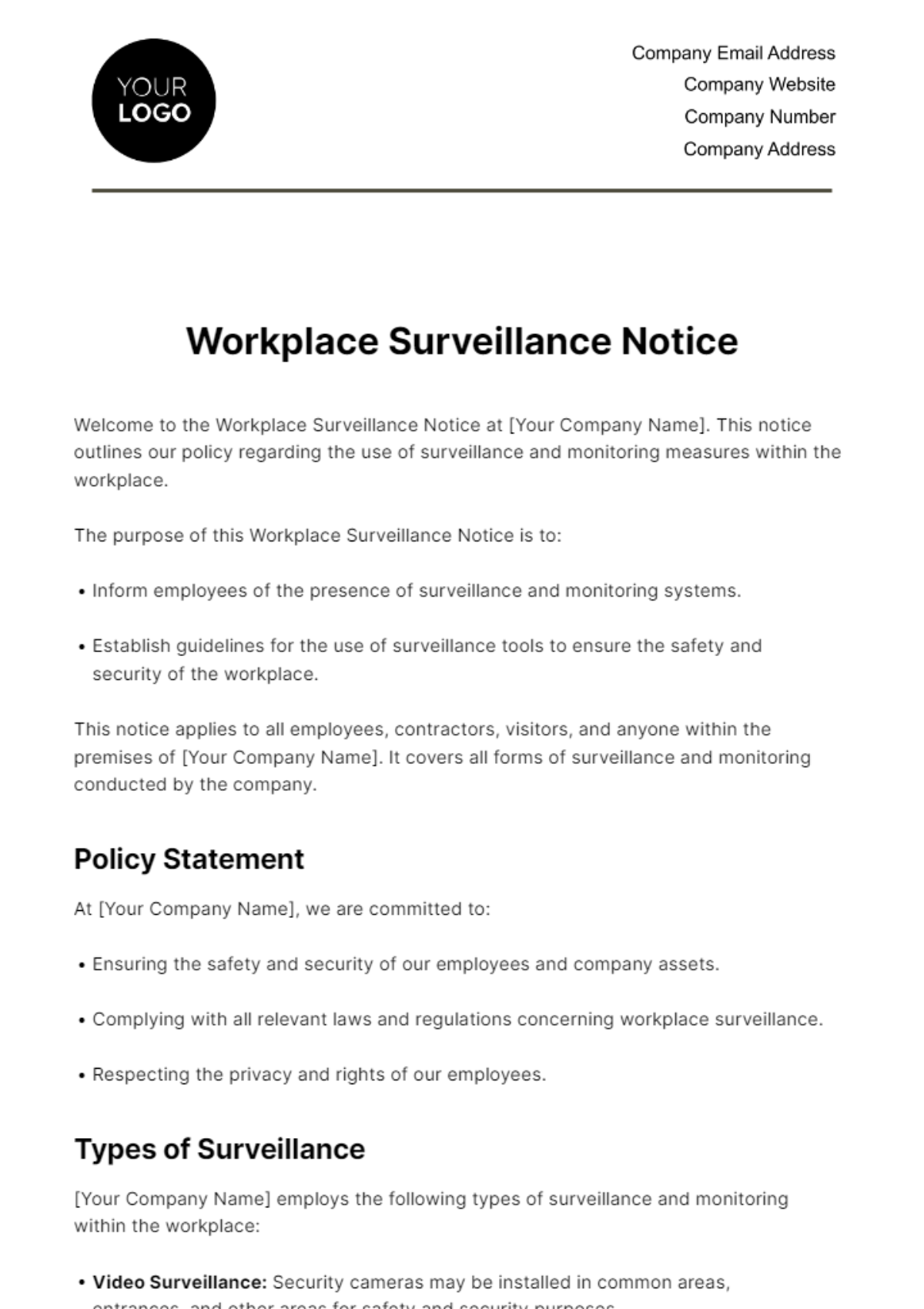 Workplace Surveillance Notice HR Template