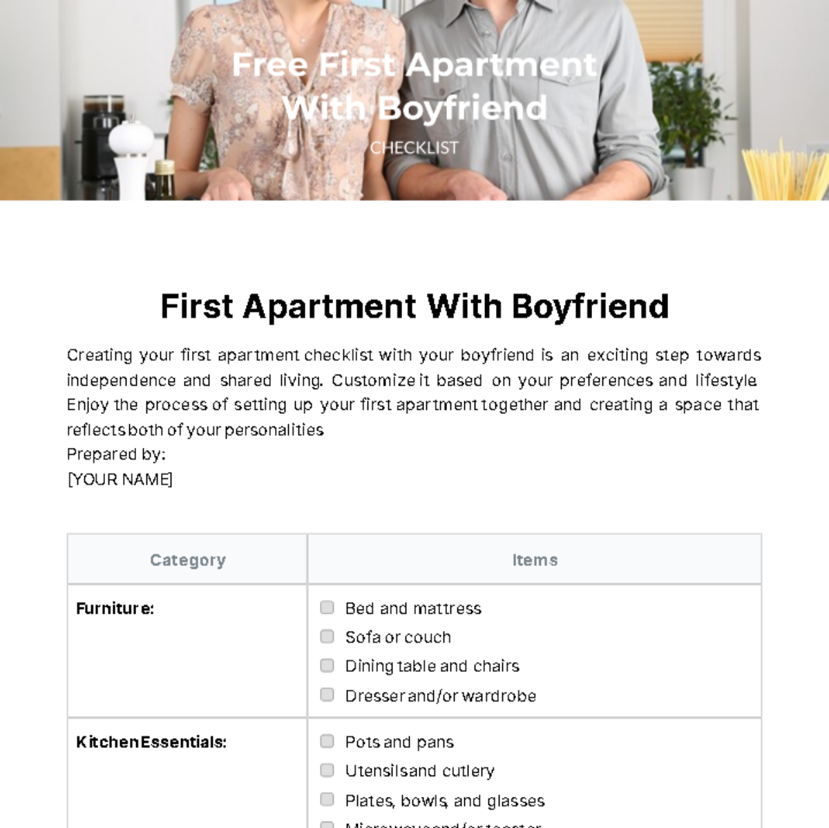 First Apartment With Boyfriend Checklist Template
