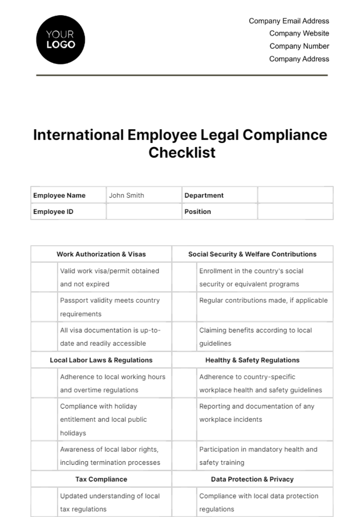 International Employee Legal Compliance Checklist HR Template