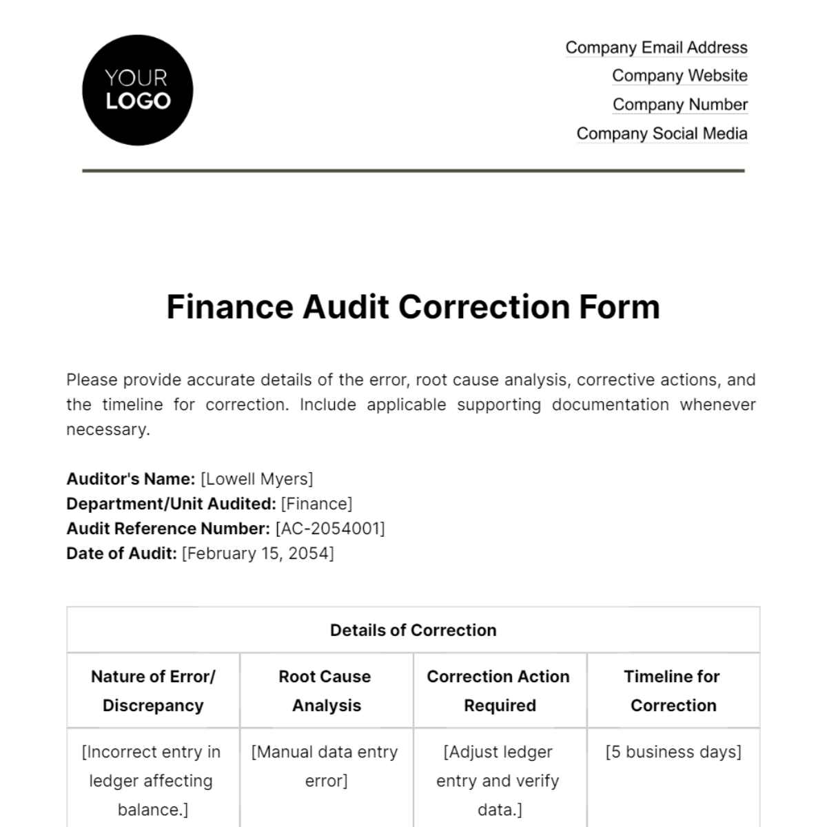 Free Finance Audit Correction Form Template