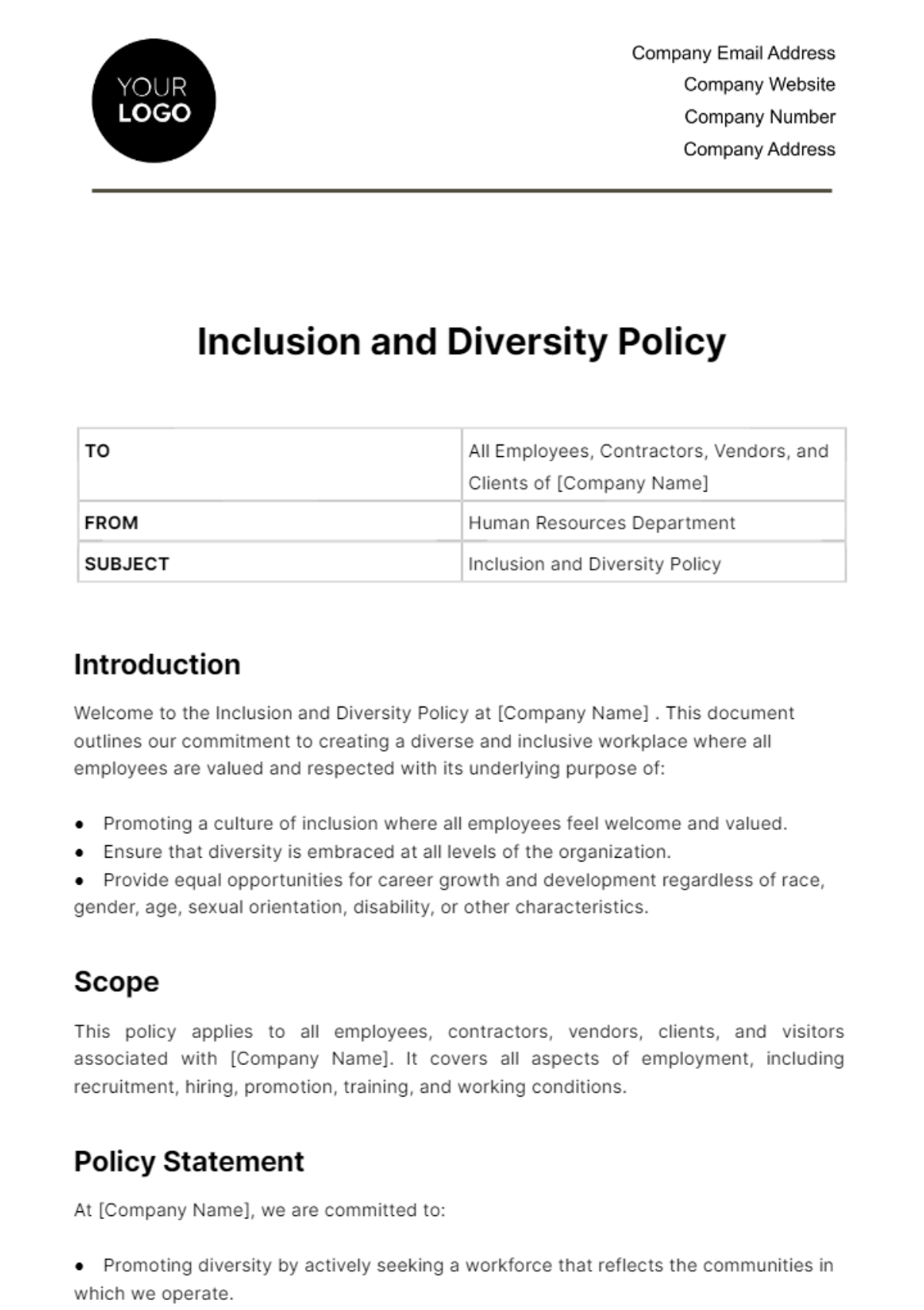 Inclusion and Diversity Policy HR Template