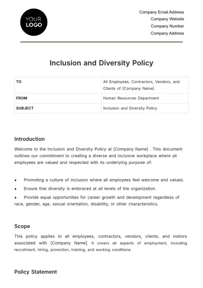 Free Inclusion and Diversity Policy HR Template to Edit Online