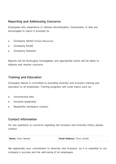 Free Inclusion and Diversity Policy HR Template to Edit Online
