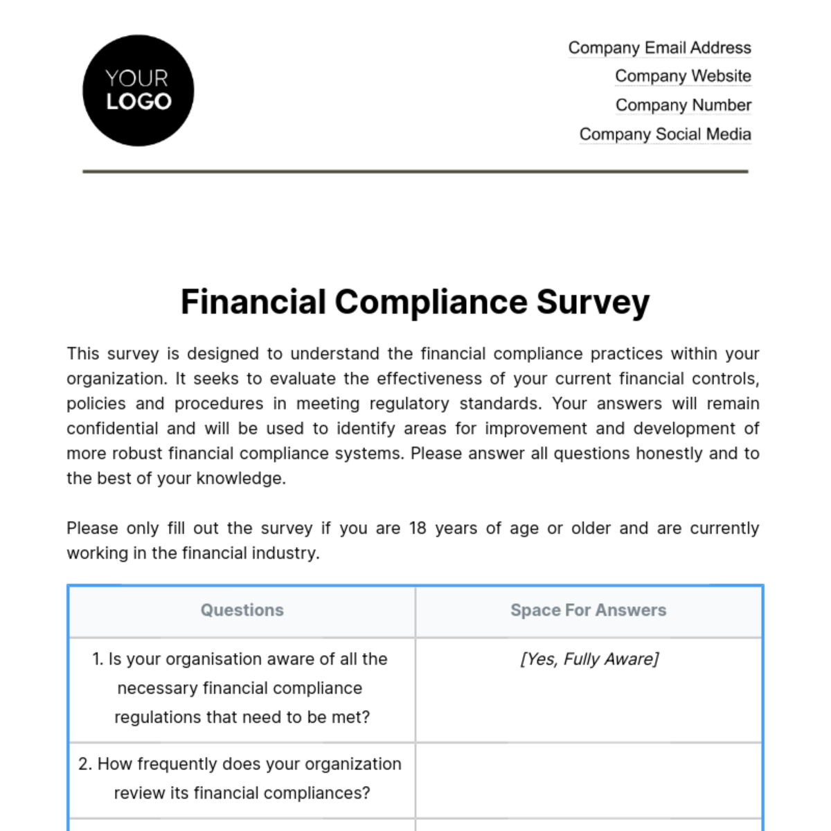 Free Financial Compliance Survey Template