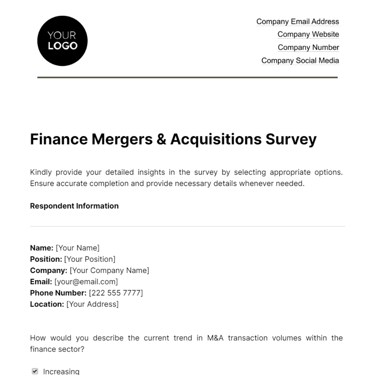 Finance Mergers & Acquisitions Survey Template