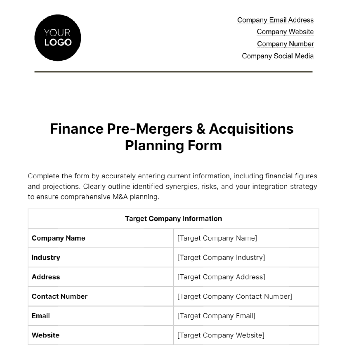Free Finance Pre-Mergers & Acquisitions Planning Form Template