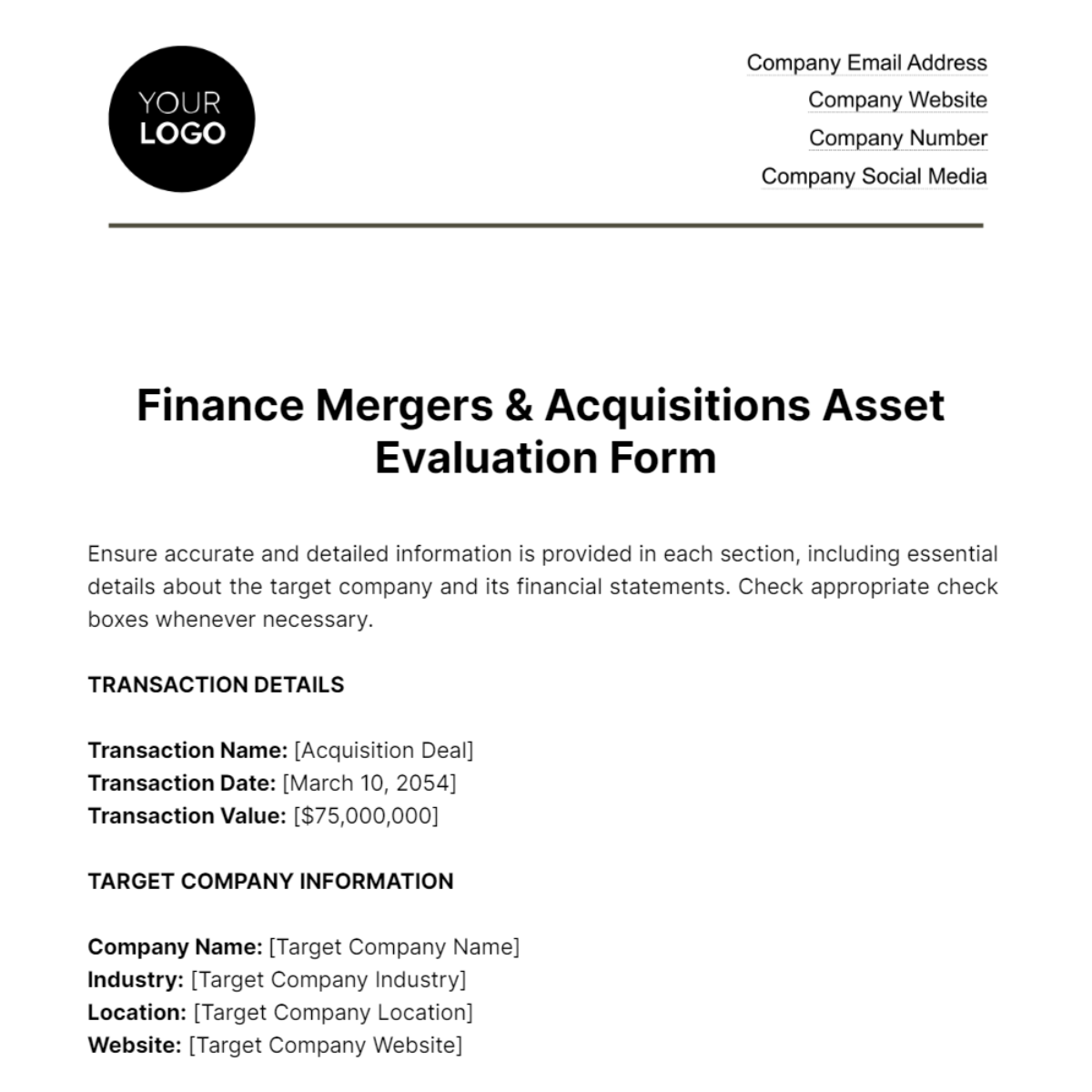 Finance Mergers & Acquisitions Asset Evaluation Form Template