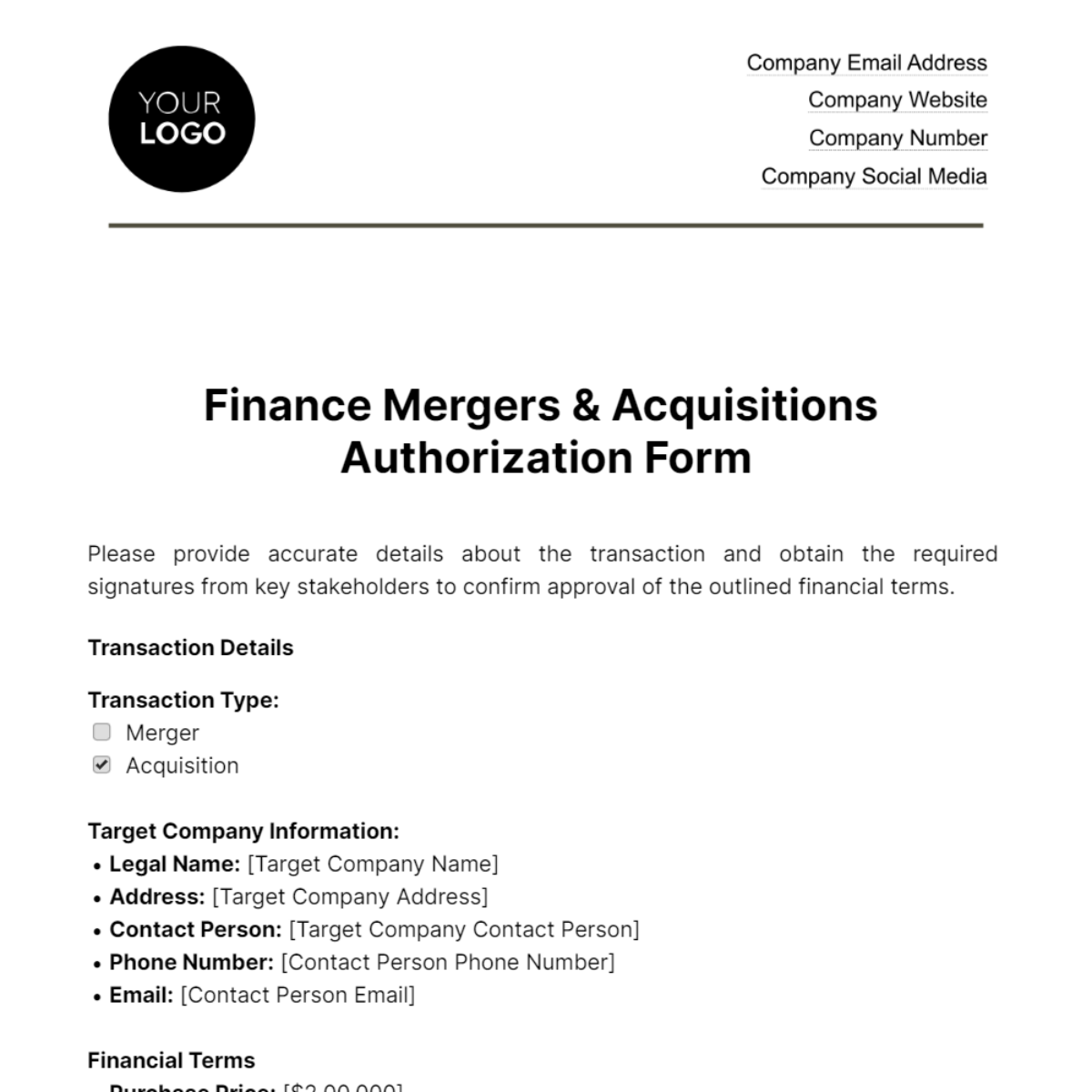 Free Finance Mergers & Acquisitions Authorization Form Template