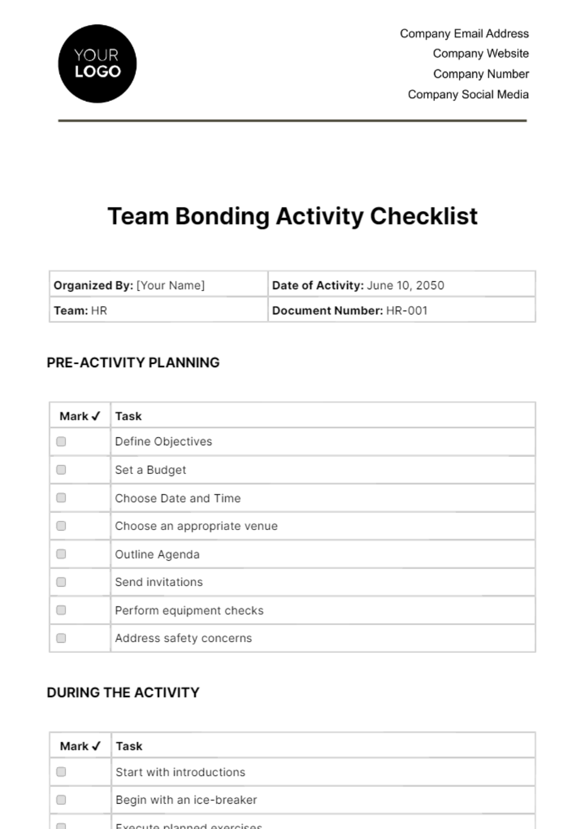 Team Bonding Activity Checklist HR Template