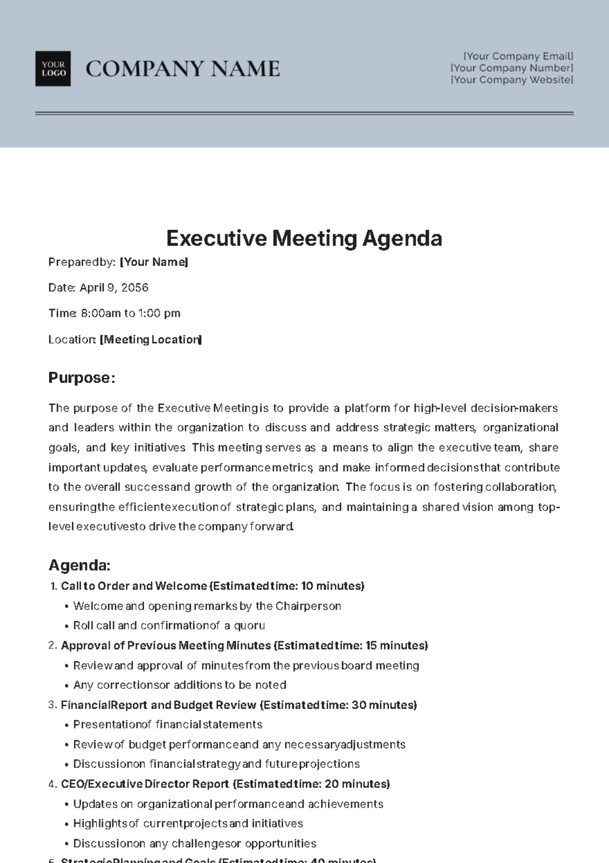 Professional Executive Meeting Agenda Template - Edit Online & Download