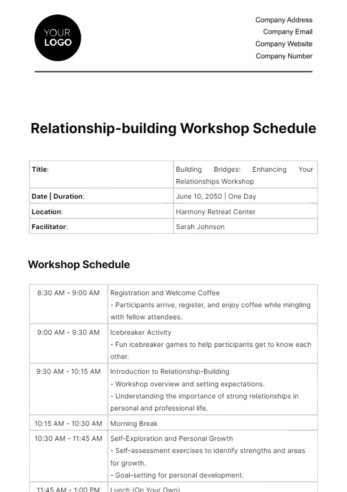 Free Relationship-building Workshop Schedule HR Template