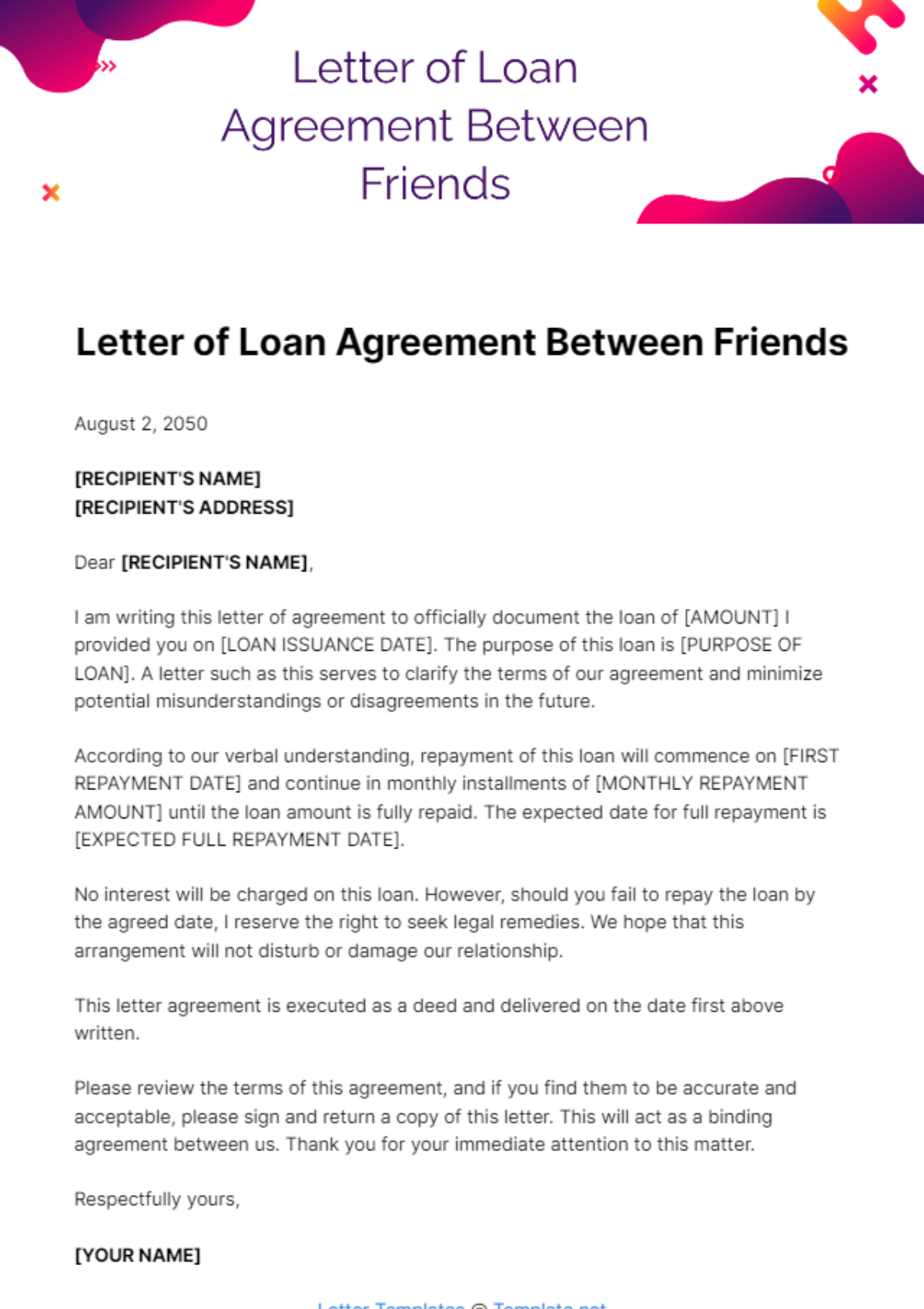 Free Letter of Loan Agreement Between Friends Template