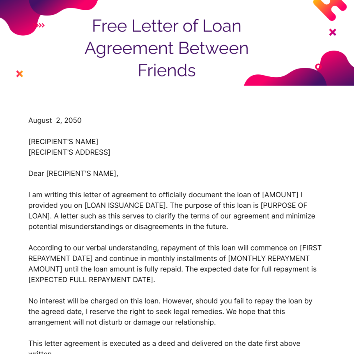 Letter of Loan Agreement Between Friends Template