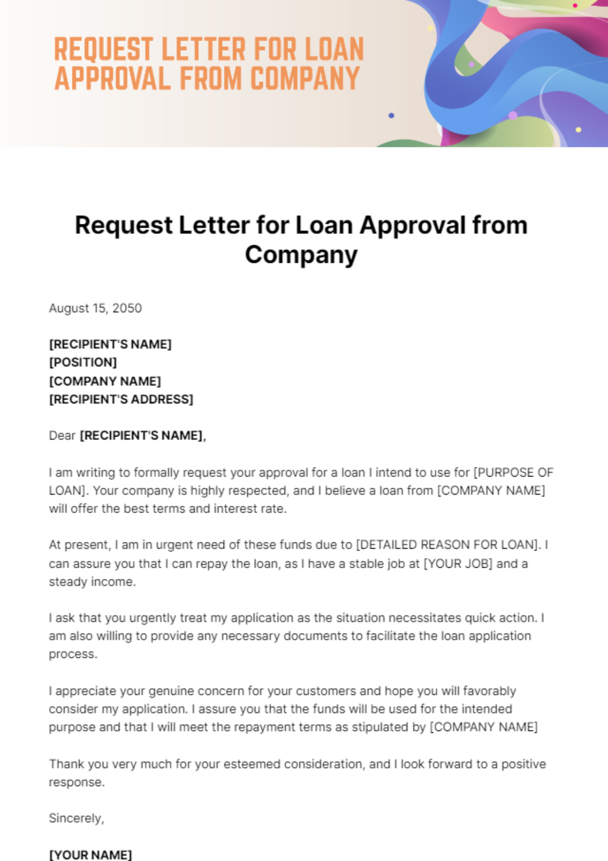 Free Request Letter for Loan Approval from Company Template