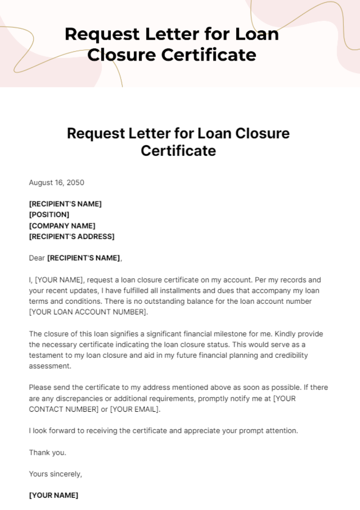 Free Request Letter for Loan Closure Certificate Template