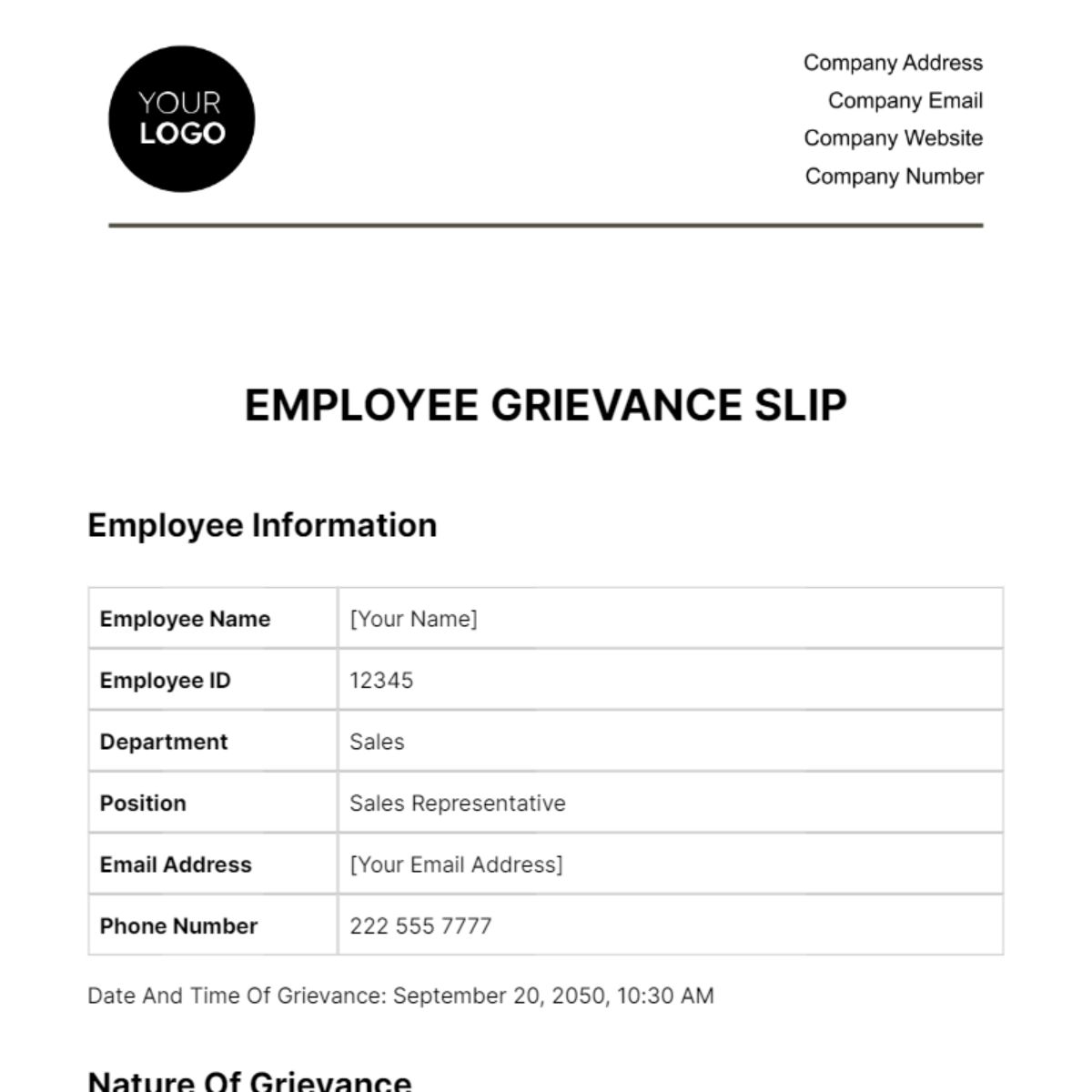 Employee Grievance Slip HR Template