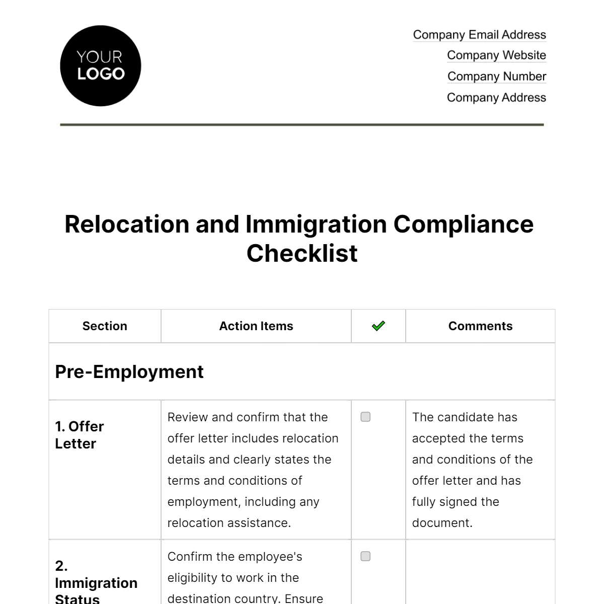 Relocation and Immigration Compliance Checklist HR Template