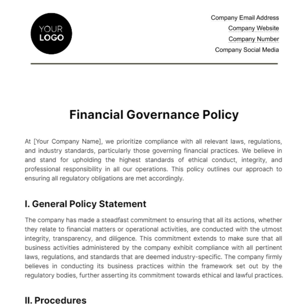 Financial Governance Policy Template