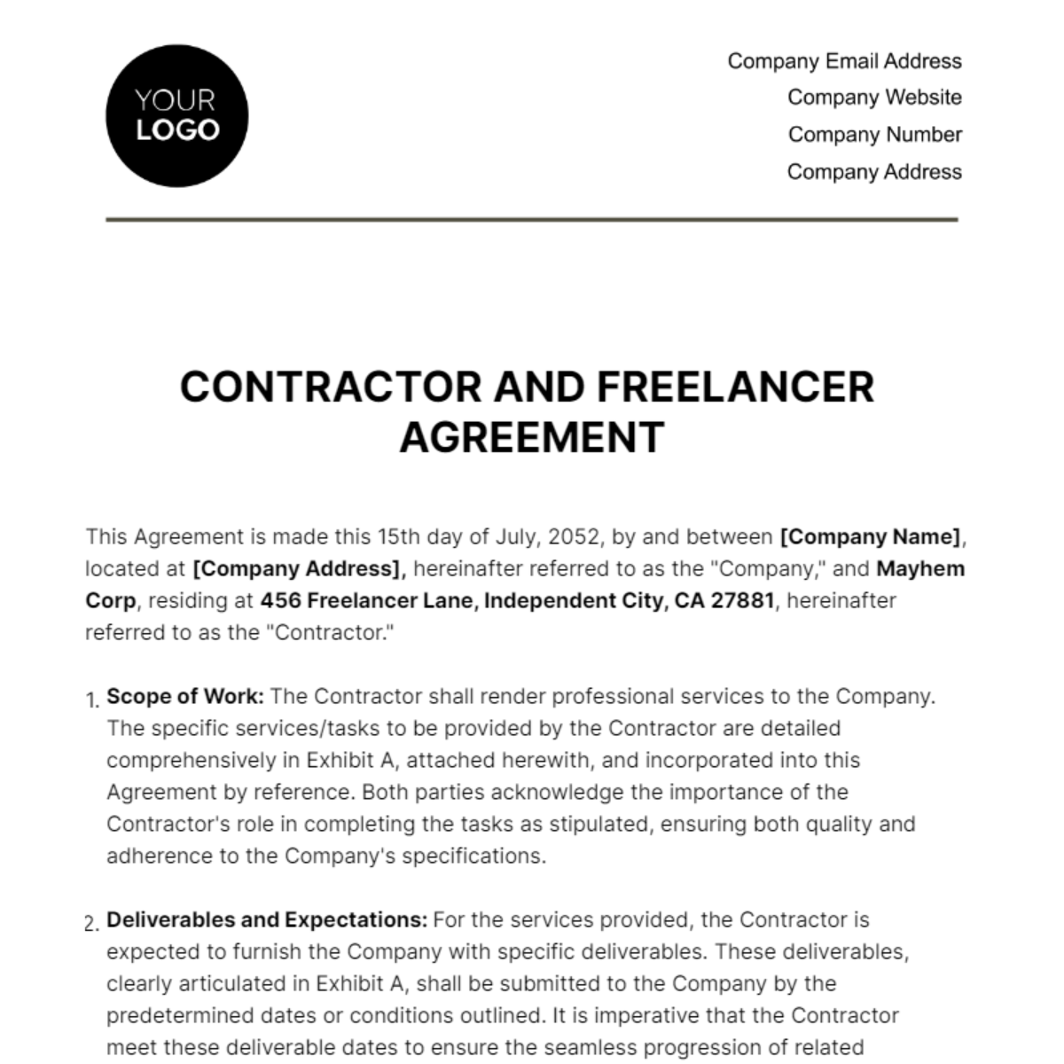 Contractor and Freelancer Agreement HR Template