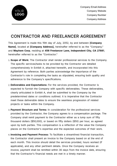 Free Contractor and Freelancer Agreement HR Template to Edit Online