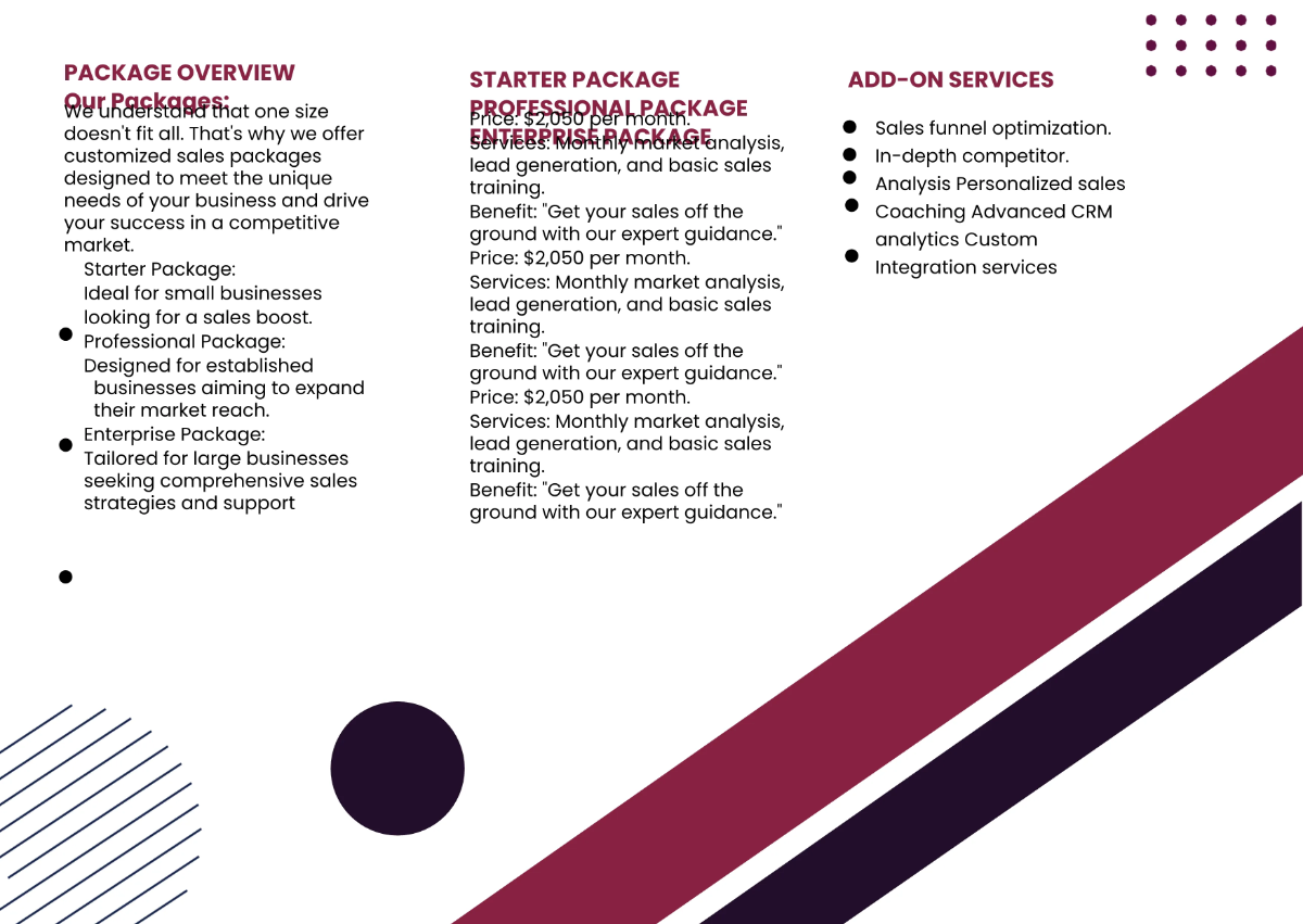 Free Sales Pricing and Packages Pamphlet Template to Edit Online