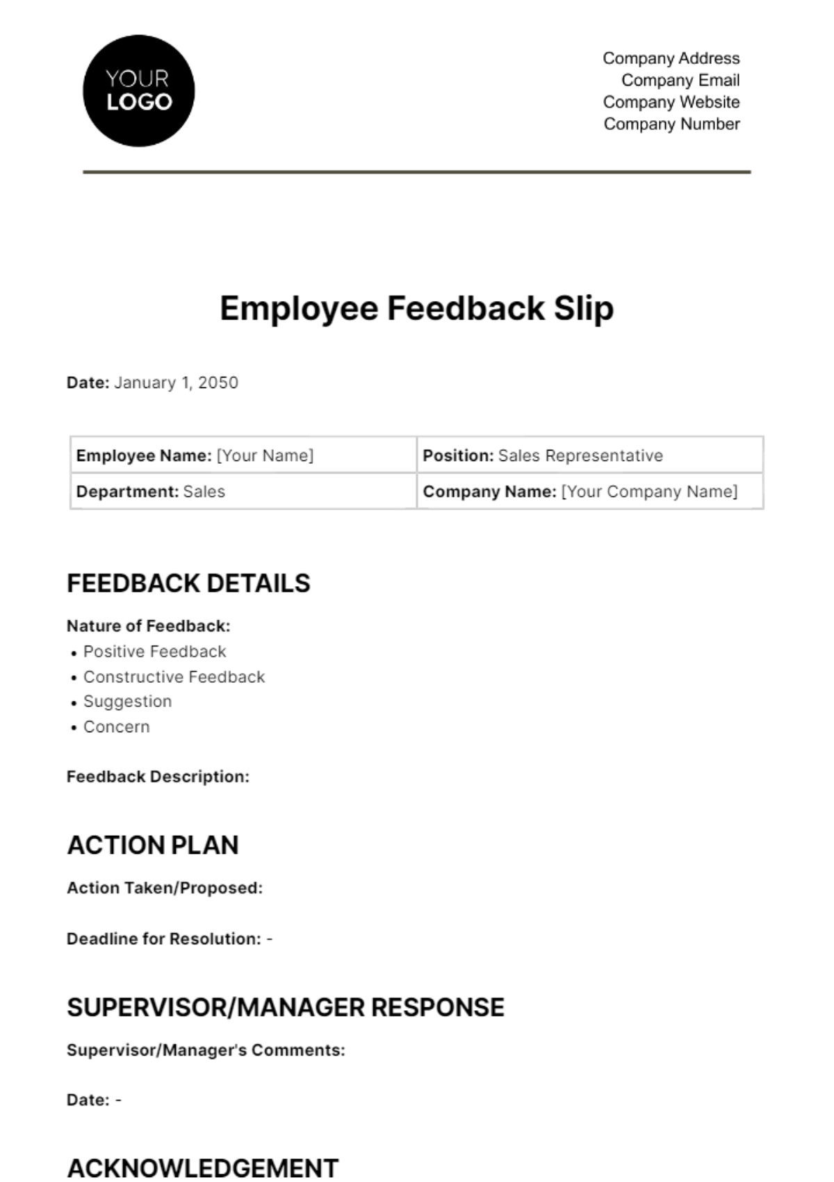 Employee Feedback Slip HR Template