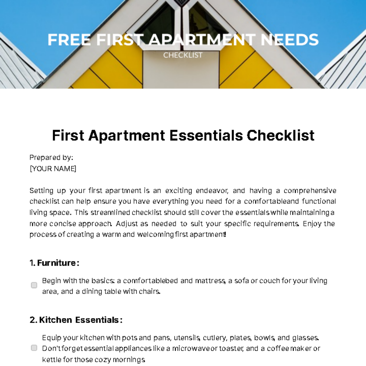 First Apartment Needs Checklist Template