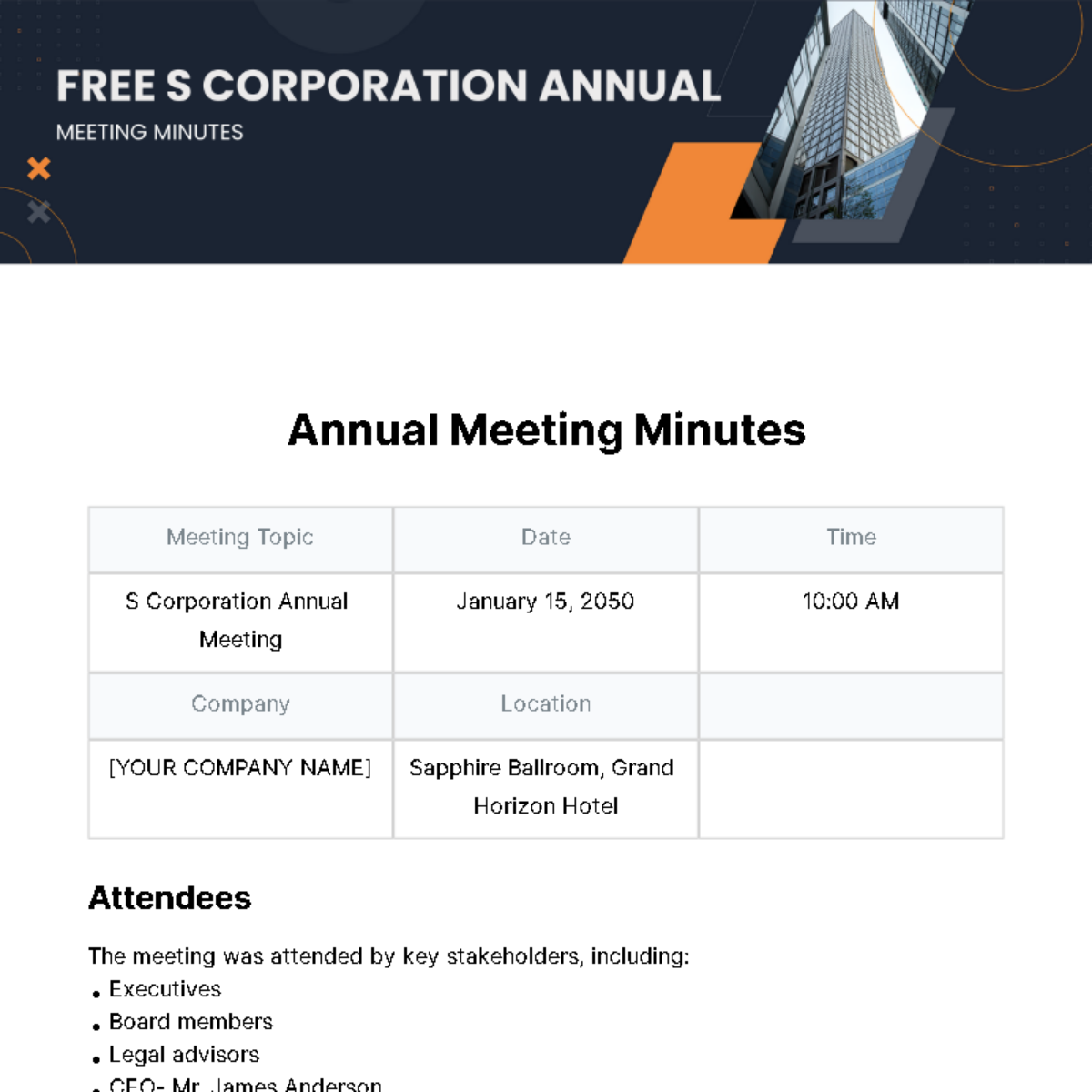 S Corporation Annual Meeting Minutes  Template