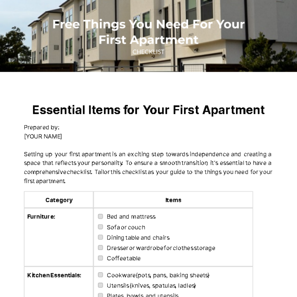 Free Things You Need For Your First Apartment Checklist Template