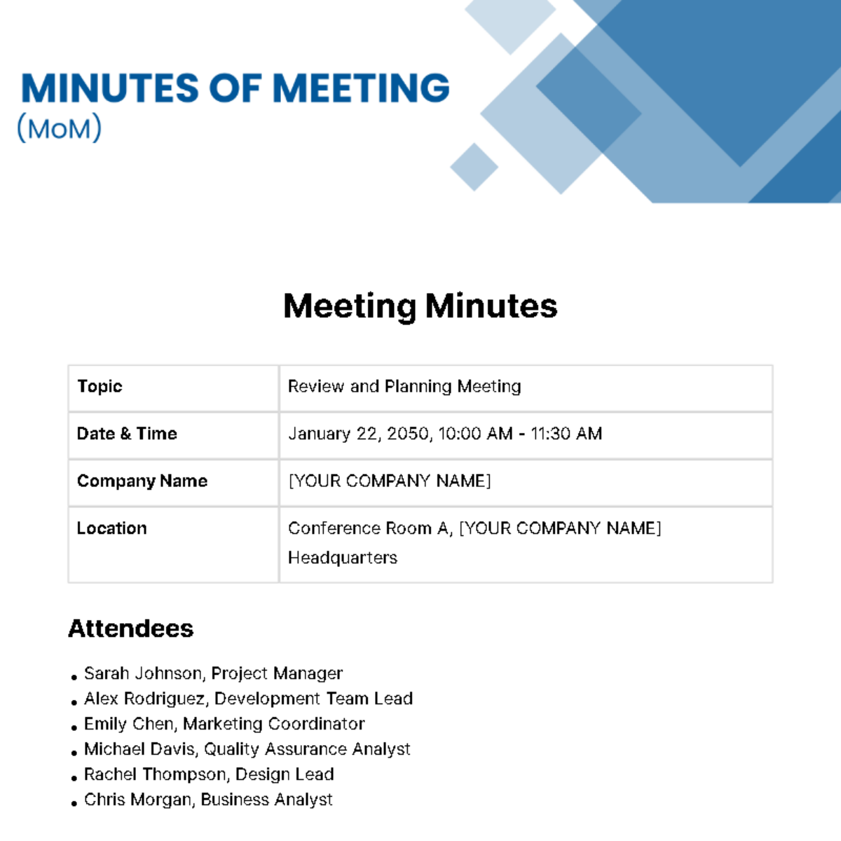 Minutes Of Meeting (MoM) Template