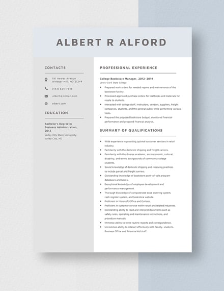 College Bookstore Manager Resume Template