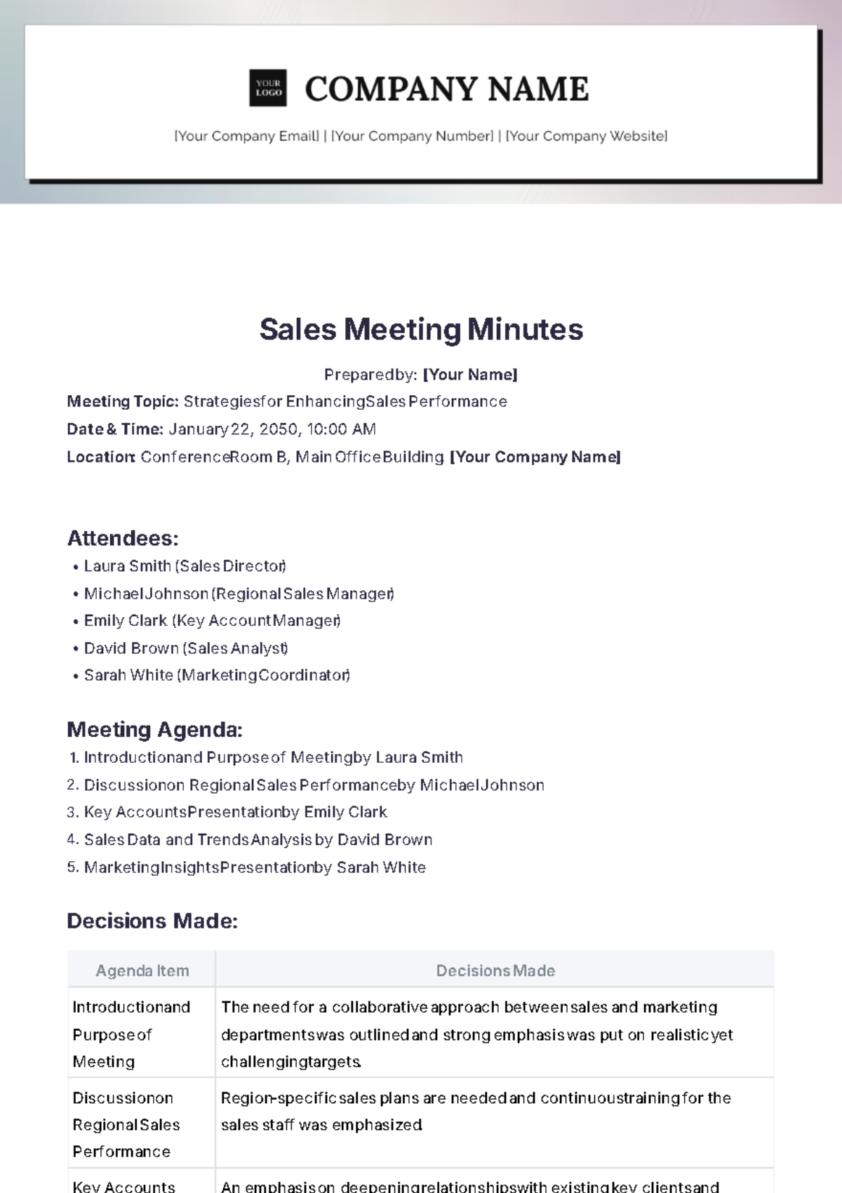 Sales Meeting Minutes Template