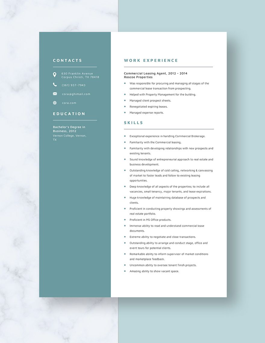 Commercial Leasing Agent Resume