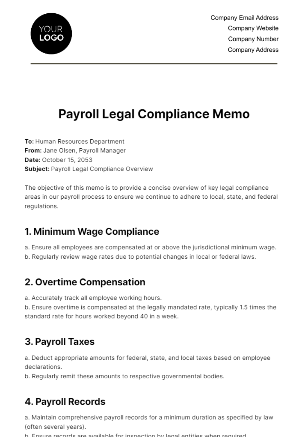 Payroll Legal Compliance Memo HR Template