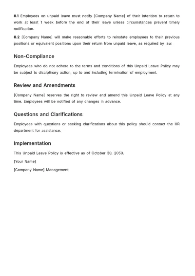 Free Unpaid Leave Policy Outline HR Template to Edit Online
