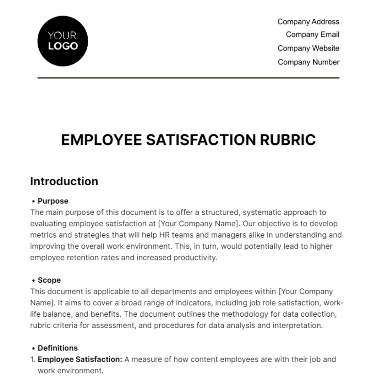 Free Employee Satisfaction Rubric HR Template