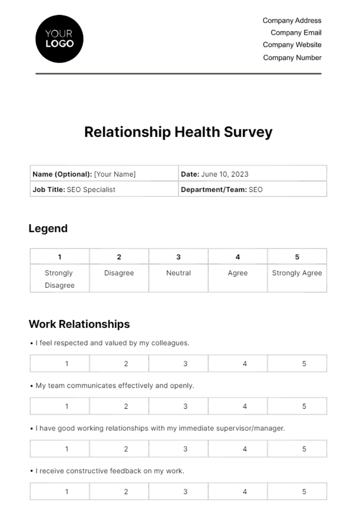 Free Relationship Health Survey HR Template