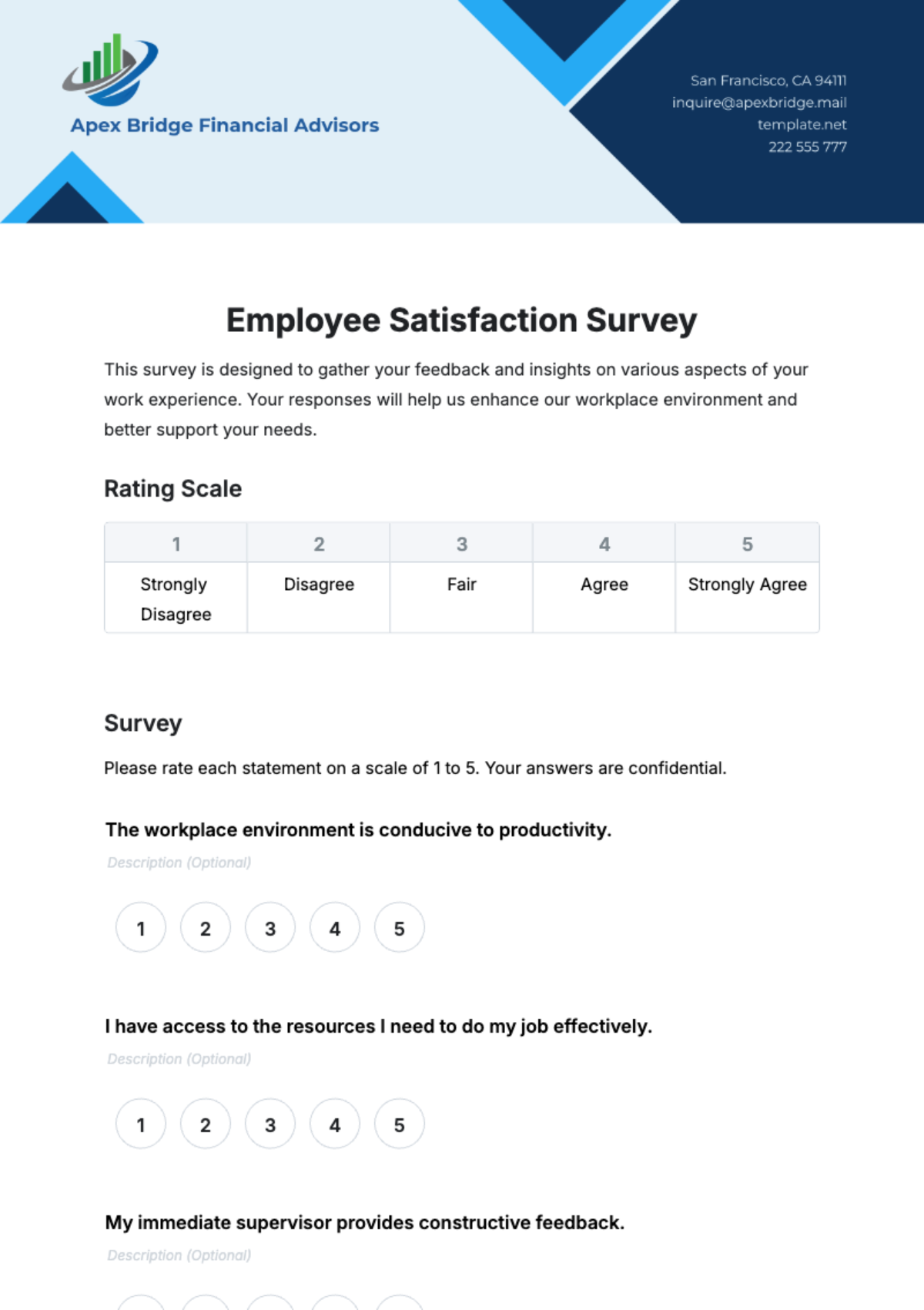 Free Employee Satisfaction Survey HR Template