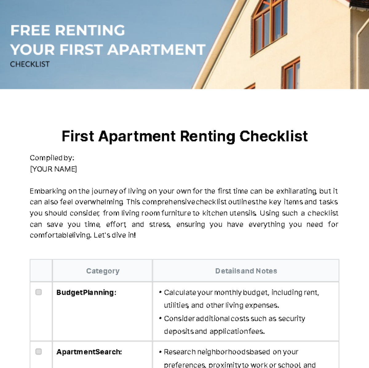 Renting Your First Apartment Checklist Template