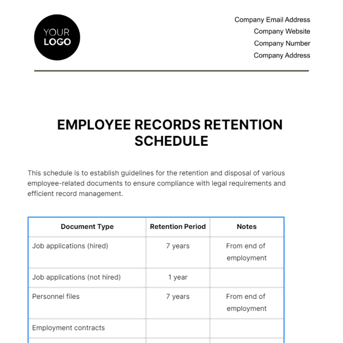 Employee Records Retention Schedule HR Template