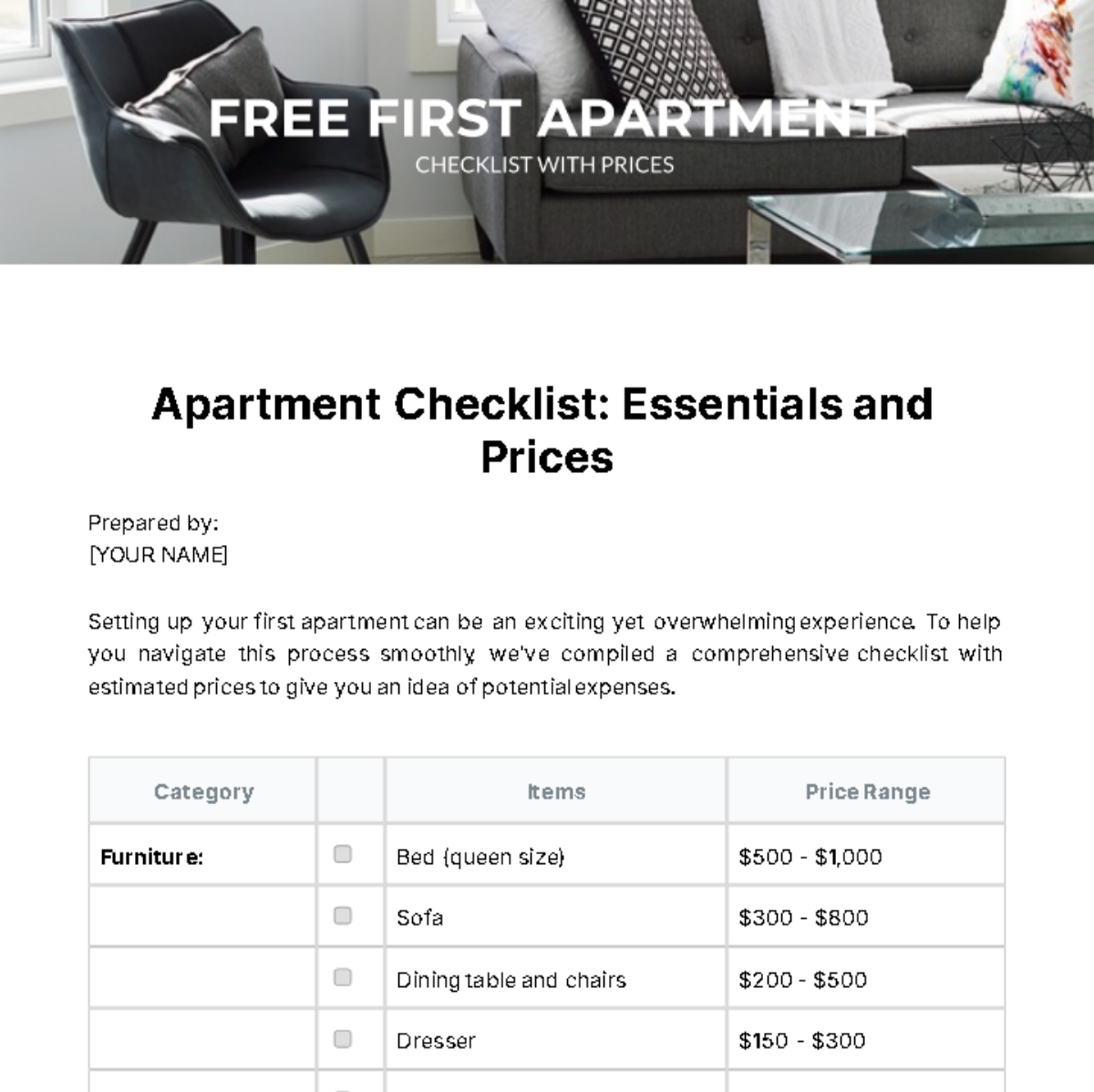 First Apartment Checklist With Prices Template