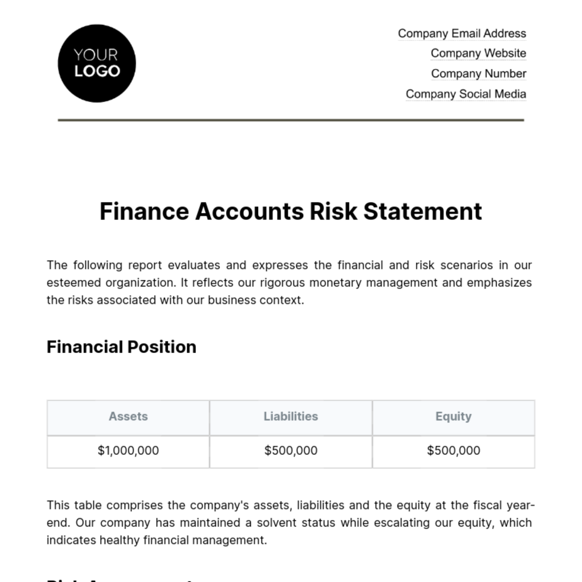Finance Accounts Risk Statement Template