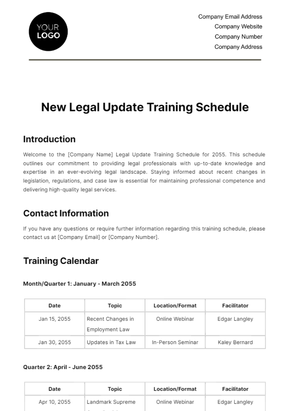 New Legal Update Training Schedule HR Template