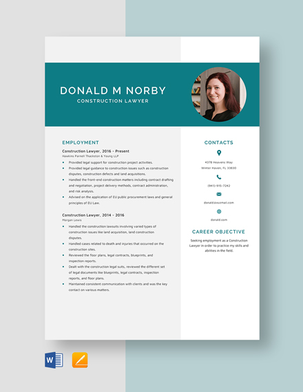 Corporate Lawyer Resume Template - Word, Apple Pages 