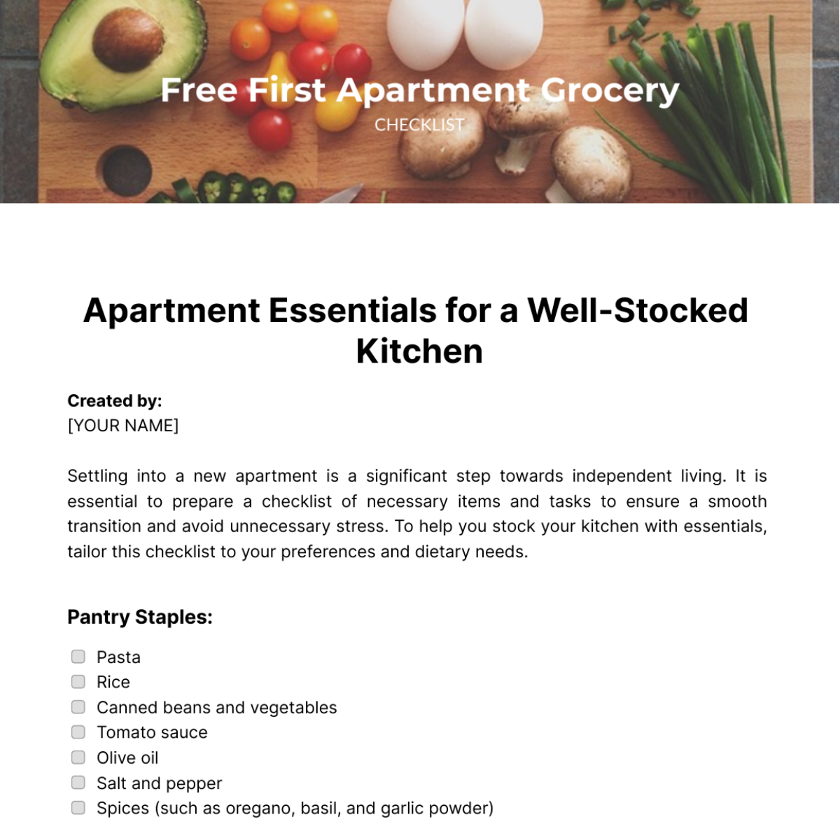 Free First Apartment Grocery Checklist Template