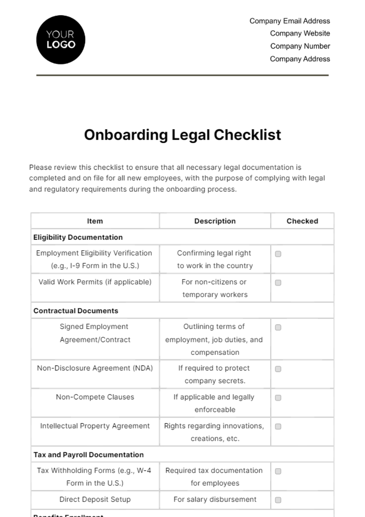 Onboarding Legal Checklist HR Template